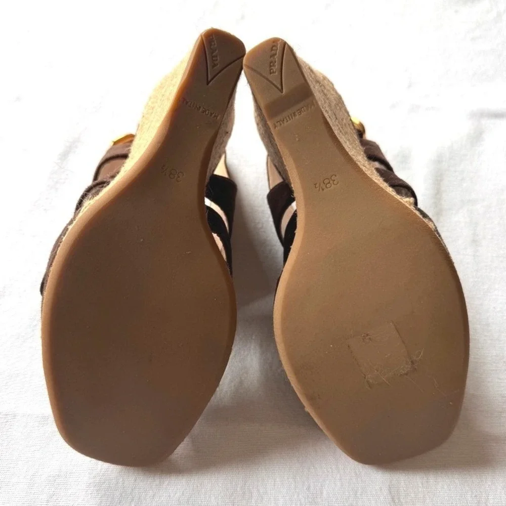 Prada‎ Brown Suede Espadrille Wedge Sandals Slingback Ruched Italian Size 38.5